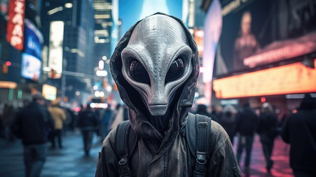 Alien in New York wearing a hoodie, Alien whistleblower declassified reports UFO sightings conspiracy theory
