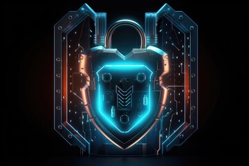 Cyber security concept. Shield padlock with keyhole on circuit board background, neon lights background