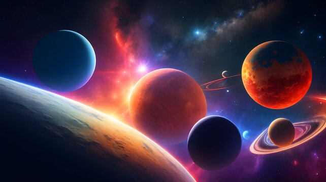 A Wallpaper/Background featuring technicolour solar system, with planets and stars twinkling in the night sky. © Nirob