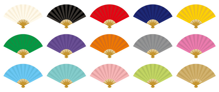 カラフルな扇子のベクターイラストセット（持ち手部分金色）／fan