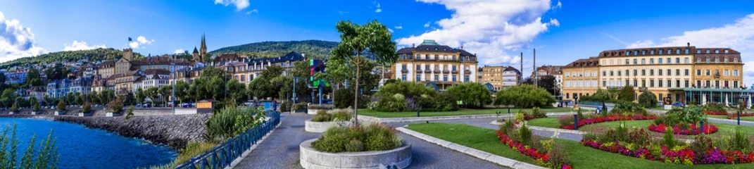 Foto op Plexiglas Switzerland travel and landmarks . scenic Neuchatel town, lake and canton. Swiss travel destinations © Freesurf