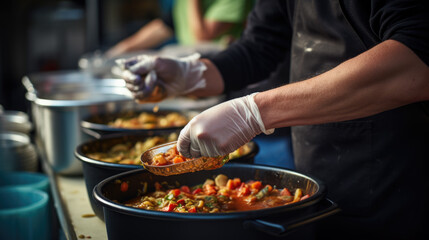 Obraz na płótnie Canvas Food for charity. A volunteer prepares food for charity.