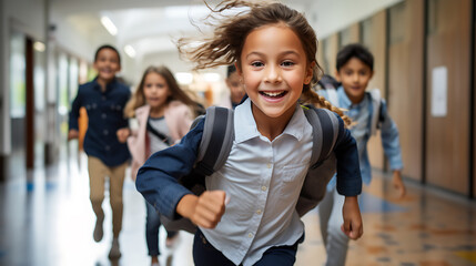 A group of elementary school kids running in the school hallway.Created with Generative AI technology.