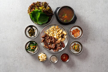 Korean food dish Ketchup tangsuyuk, sweet and sour pork, guobaorou, soybean paste stew, grilled pork cheek
