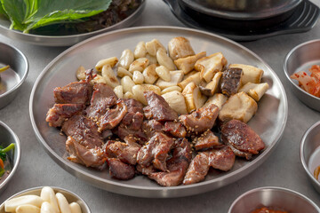 Korean food dish Ketchup tangsuyuk, sweet and sour pork, guobaorou, soybean paste stew, grilled pork cheek
