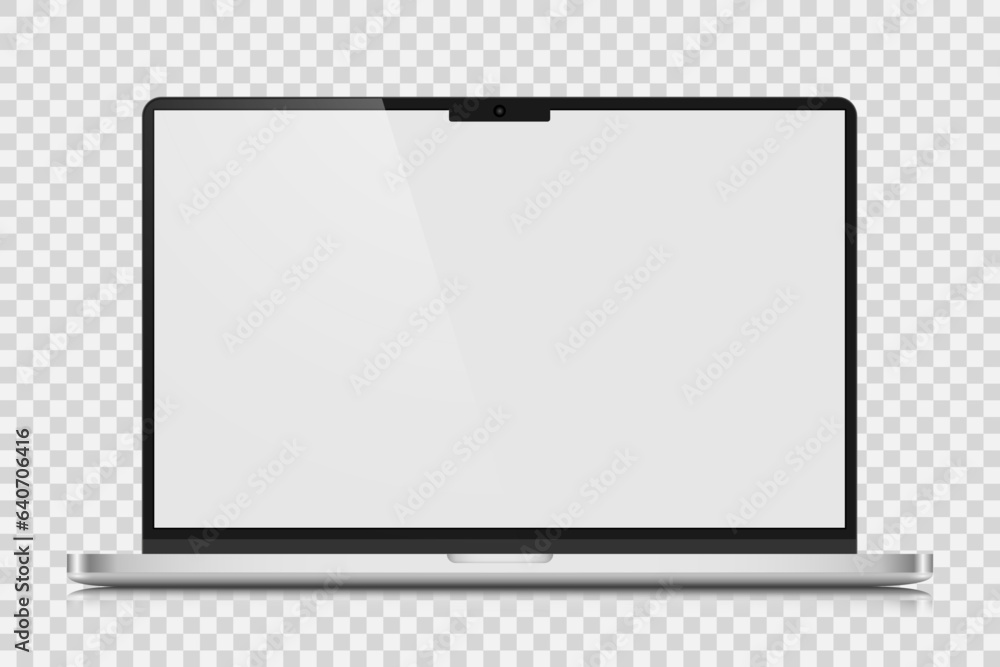 Poster realistic laptop layout with silver case and white screen. a laptop with a reflection on a transpare