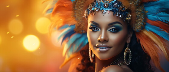 Beautiful young woman samba dancers performing in carnival costume . Concert, Festive time, dance, party and sexy with a female dance group at a celebration in Rio de Janeiro. Generative ai