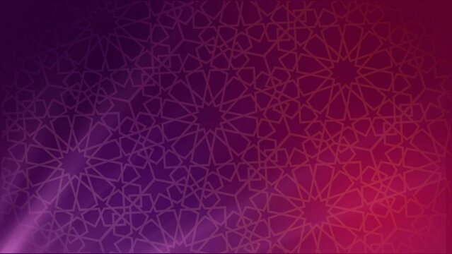 Colorful Animated Arabic Middle Eastern Background with Islamic pattern geometry and mosaic rotating on purple pink gradient color. Background for religious greetings as ramadan, Hajj, Eid.