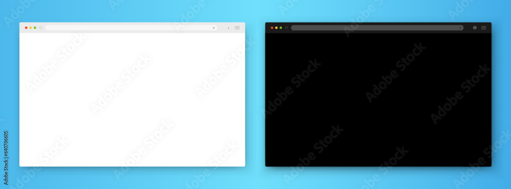 Poster a set of browser window in white and black on a blue background. website layout with search bar, too