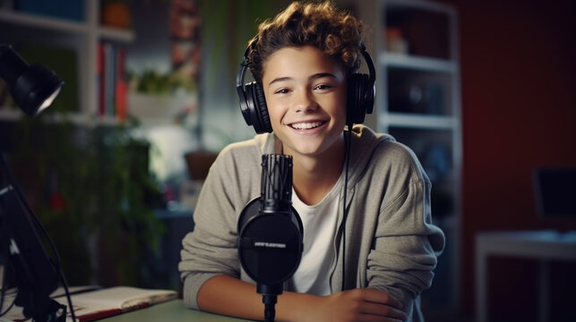 Male blogger recording a video.