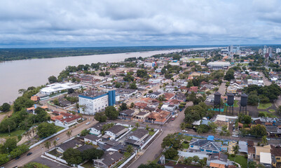 Aerial drone view of Porto Velho city center skyline, streets, squares and Madeira river. Amazon...