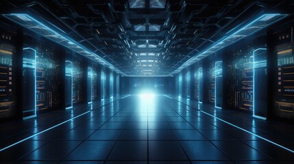 Fototapeta na wymiar futuristic server room or data center corridor with neon lights in dark background