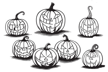 Halloween pumpkin sketch. Vector illustration in retro style. Scary and funny pumpkins with carved mouths and eyes. Isolated objects. For banners, advertisements, posters, backgrounds, invitations.