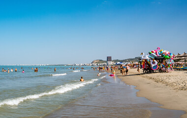 Golem, Durres Albania - 22 august 2023: overcrowded beaches at Golem destination near Durres in...