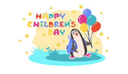 Happy childrens day. Vector illustration with colorful lettering. Cute penguin with ballon. Kids poster isolated on a white background.
