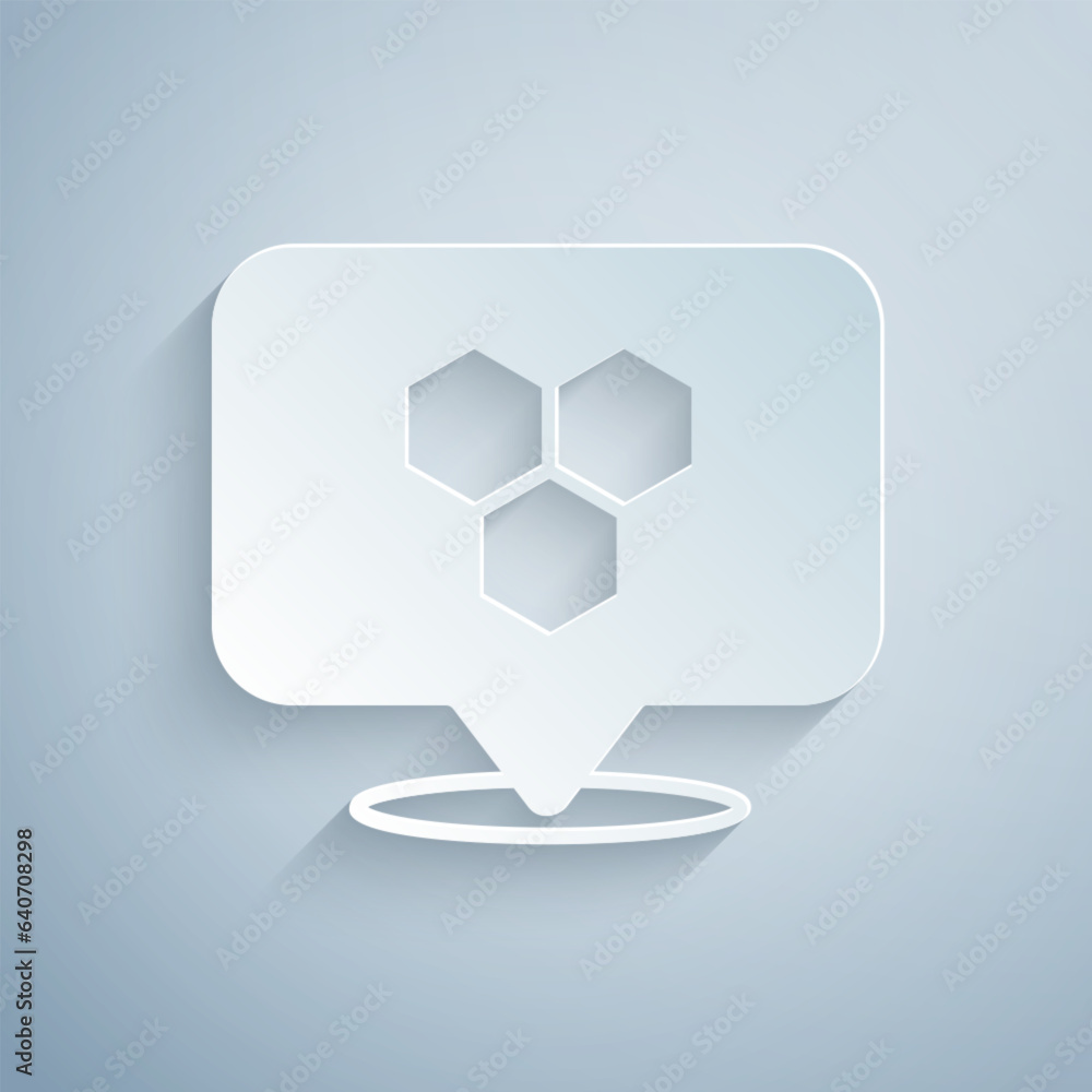 Poster paper cut honeycomb bee location map pin pointer icon isolated on grey background. farm animal map p