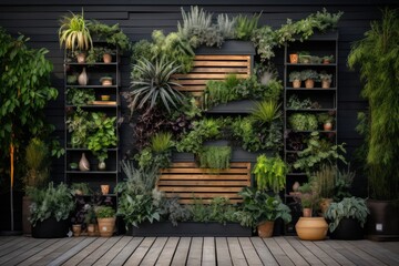 Fototapeta na wymiar Green plants in pots on wooden planks. Gardening concept.