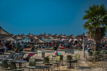 Golem, Durres Albania - 22 august 2023: overcrowded beaches at Golem destination near Durres in Albania