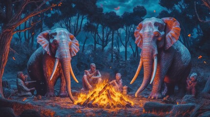 elephant skeletons hanging out by a bon fire psychedel.Generative AI