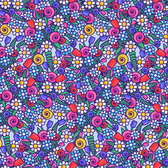 Cartoon Flowers Flat Seamless Pattern