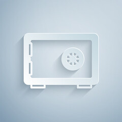 Paper cut Safe icon isolated on grey background. The door safe a bank vault with a combination lock. Reliable Data Protection. Paper art style. Vector