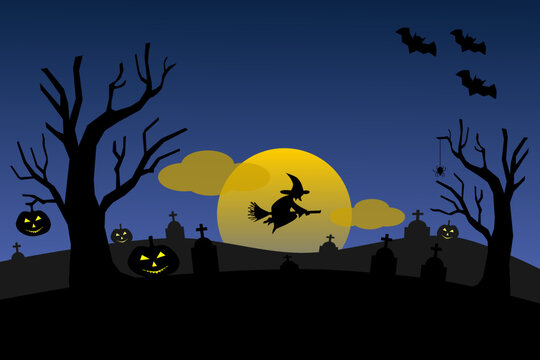 Halloween blue night background, pumpkins, tombstone, witch, and bats. Vector illustration.