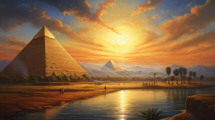 oil painting on canvas, view of pyramid. Artwork. Big ben. Pyramid as sunset. Egypt (ai generated) - obrazy, fototapety, plakaty