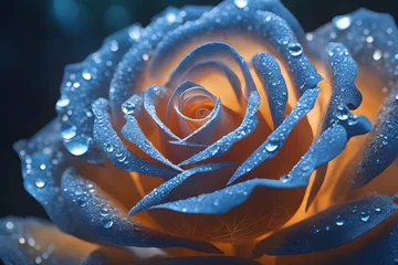  Close up flower photo of gold sparkling blue rose with water drops. The rose blooms in the morning sun in the beautiful garden. © Anida