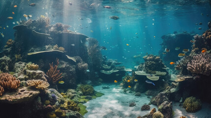 Fototapeta na wymiar Tropical sea underwater fishes on coral reef. Aquarium oceanarium wildlife colorful marine panorama landscape nature snorkel diving.