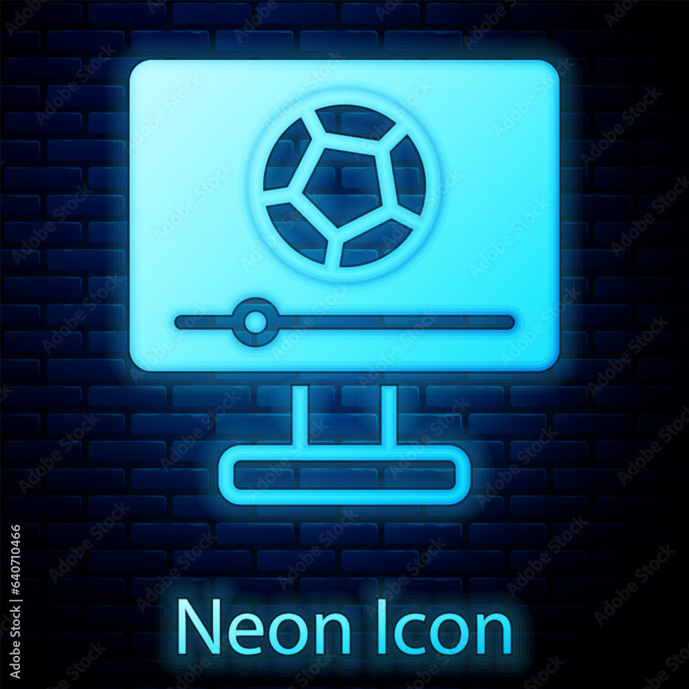 Sticker Glowing neon Football soccer match on TV icon isolated on brick wall background. Football online concept. Vector