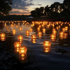 Candles on the river. Thousands of candles floating in the river. Loy Krathong festival in Chiang Mai, Thailand.