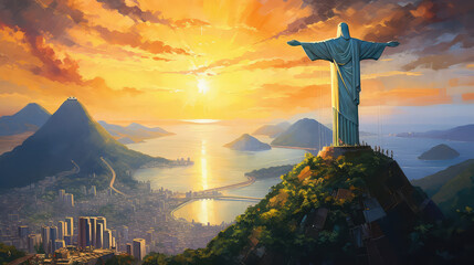 oil painting on canvas, view of Aerial of Christ and Sugar Loaf Mountain at sunset, Rio De Janeiro, Brazil. (ai generated)
