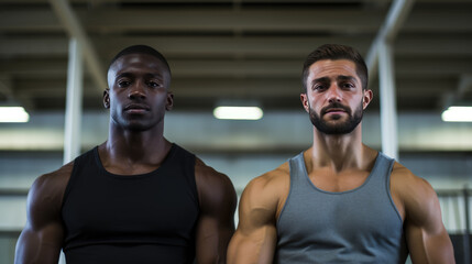 Fototapeta na wymiar Portrait of athletically built men in a gym