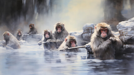 Obraz na płótnie Canvas illustration drawing of Japanese snow monkey onsen (macaques) in the pool in winter (ai generated)