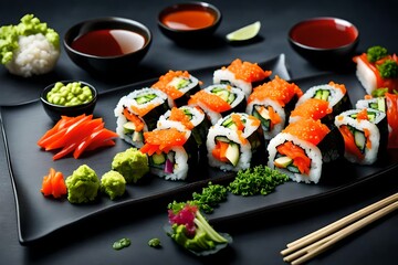 A plate of vibrant vegetable sushi rolls, made with fresh ingredients and served with soy 