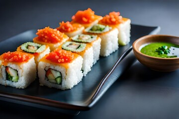 A plate of vibrant vegetable sushi rolls, made with fresh ingredients and served with soy 