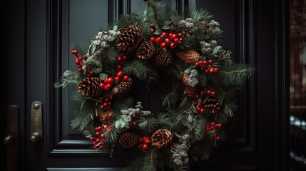  Close-up of a festive christmas wreath made of green pine branches, red berries and pine cones  hanging on a door - Powered by Adobe