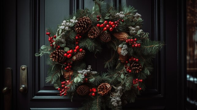  Close-up of a festive christmas wreath made of green pine branches, red berries and pine cones  hanging on a door