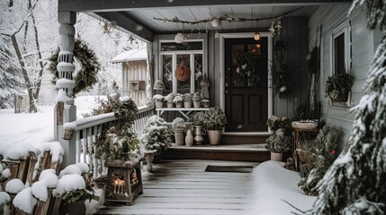 Fototapeta na wymiar a porch decorated with a Christmas wreath, garlands, and potted plants, surrounded by snow