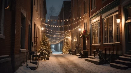 Deurstickers a narrow snowy street with Christmas lights hanging from the buildings and decorated christmas trees © Anastasia Shkut