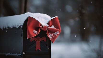 a mailbox covered in snow with a red bow tied around it
