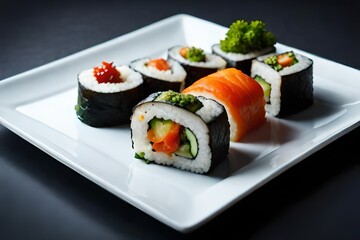 A plate of vibrant vegetable sushi rolls, made with fresh ingredients and served with soy 