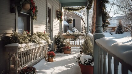 a porch decorated with a Christmas wreath, garlands, and potted plants, surrounded by snow