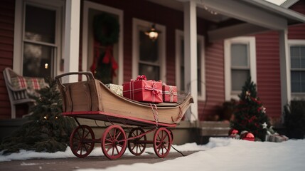 Santa's sleigh filled with wrapped presents parked in front of a house 