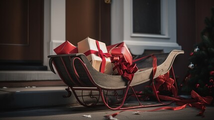 Santa's sleigh filled with wrapped presents parked in front of a house 