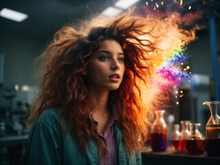 Naklejka premium Science is fun. Rainbow colored explosion in laboratory. kids doing experiments.