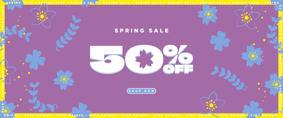 Colorful Modern Spring Sale Sign with 50% off discount and shop now button. Blue floral elements with geometric frames and typographic 50% off design. Vector Illustration. 
