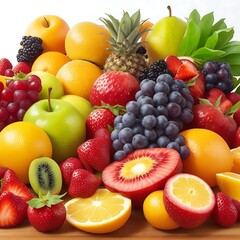 Naklejka na ściany i meble A vibrant and colorful top-down view of a variety of fresh fruits and vegetables arranged