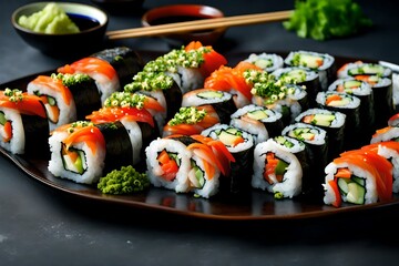 A plate of vibrant vegetable sushi rolls, made with fresh ingredients and served with soy 