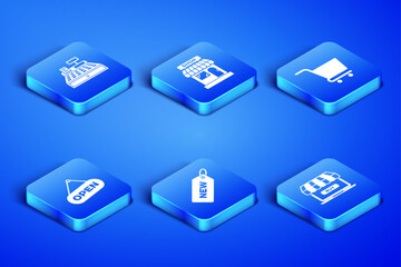 Set Online shopping, Cash register machine, Price tag with New, Hanging sign Open door, Market store and Shopping cart icon. Vector